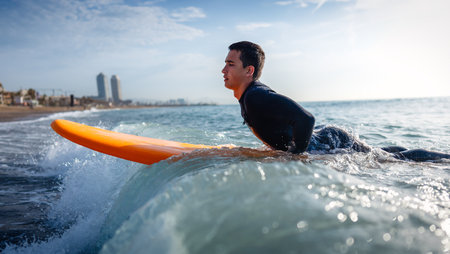 Happy young fit man with surfing board at beach, sea and ocean for summer holiday, travel adventureの写真素材