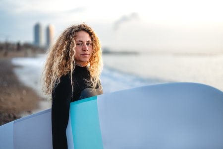 Joyful young woman carrying a surfboard on a beach, her face filled with happiness and excitementの写真素材