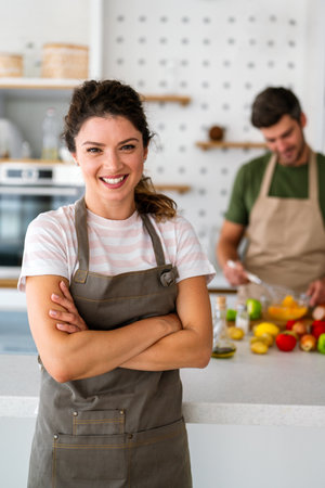 Professional success personal chef cook in customer private kitchen giving cooking lesson to peopleの写真素材
