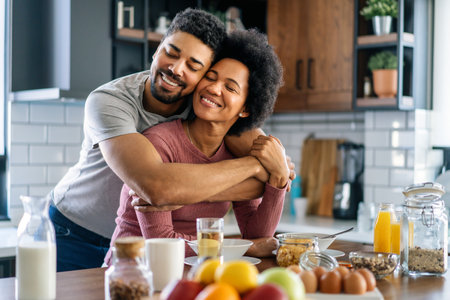 Happy couple having breakfast together in the kitchenの写真素材