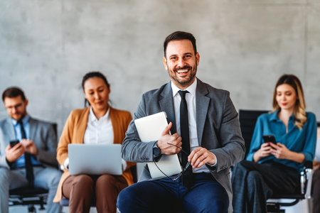 Young happy successful young businessman working and smiling at corporate officeの写真素材