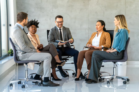 Success group of multiethnic entrepreneurs and business people achieving goals in corporate officeの写真素材
