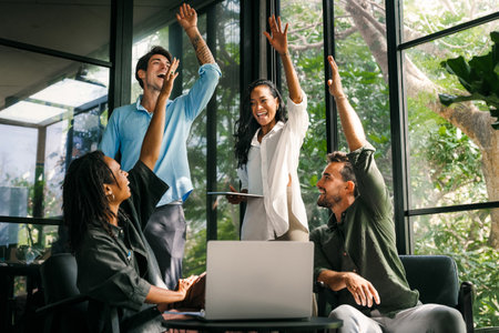Group of successful multiethnic, diverse entrepreneurs and business people achieving goals togetherの写真素材