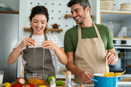 Secret ingredient is love. Couple preparing a healthy meal together while spending free time at homeの写真素材