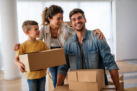 Happy family with cardboard boxes in new house at moving day.の写真素材