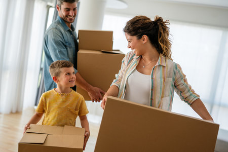 New home. Parents with child moving in new house, property mortgage and real estate investment.