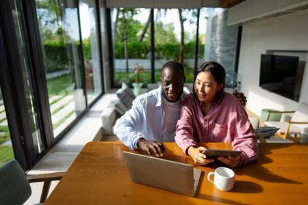 Online entertainment and social media. Couple enjoying the digital world, staying connected onlineの写真素材