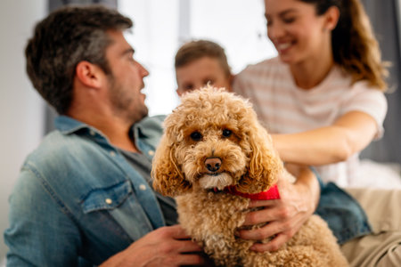 Mother, father and kid with dog in living room for quality time, love and care together on weekend