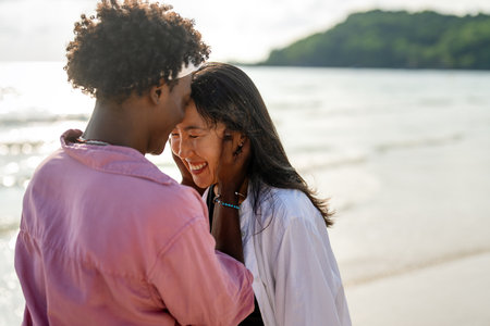 Couple embracing trust and deep connection, enjoying a peaceful and harmonious relationship on beach