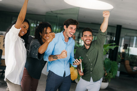 Success group of multiethnic entrepreneurs and business people achieving goals in corporate office