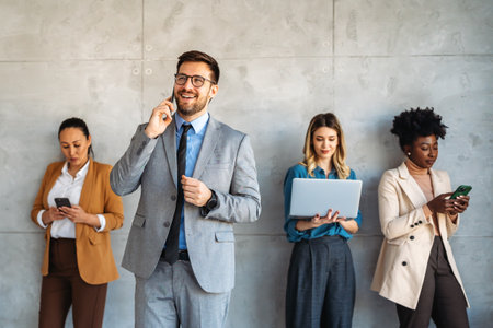 Professional in office environment, highlighting teamwork, collaboration, leadership, and innovationの写真素材