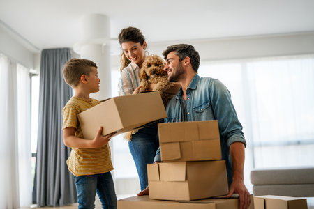 Moving, parents and child in new home bonding together, unpacking boxes for family timeの写真素材