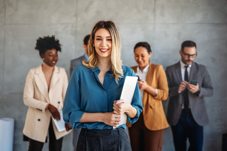 Busy smiling executive business team using digital devices in office. Diverse professional peopleの写真素材