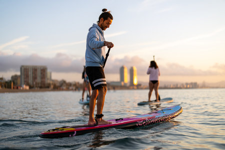 Happy fit man paddle surfing, enjoying vacation, weekend to stay healthyの写真素材