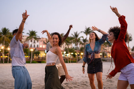Friends traveling together, embracing adventure, laughter and unforgettable beach fun during a trip