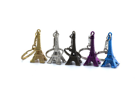Souvenir Key chain Eiffel Tower  isolated on white backgroundの写真素材
