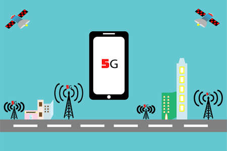 5g network technology vector, Technology city There are signal towers scattered throughout the city.のイラスト素材