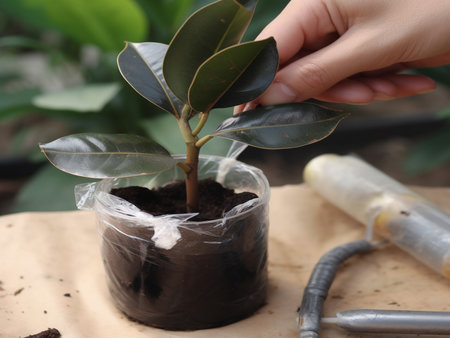 After going through the process of grafting the Indian rubber tree. Put it in a small pot. to wait for growth. Generative AIの素材