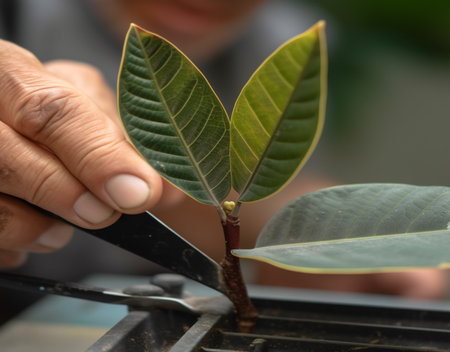 A man is pruning and cultivating an Indian rubber tree and putting it in a pot to grow. Generative AIの素材