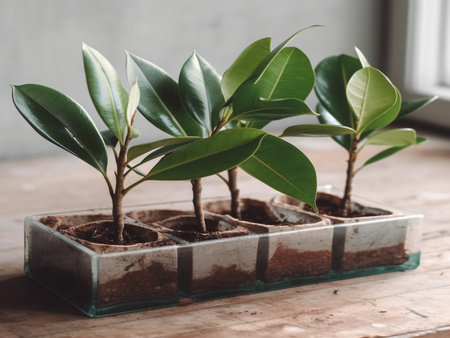 Indian rubber trees that come from seedlings are planted in small pots. The rubber plant tree is an air purifier. Can be used to decorate homes and offices. Generative AIの素材