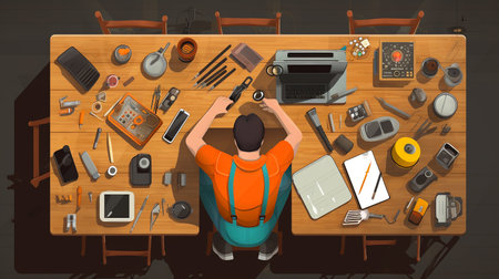 Top view . Vector illustration showing an electronic repairman working on his desk. with equipment and tools used to work , Generative AIの素材