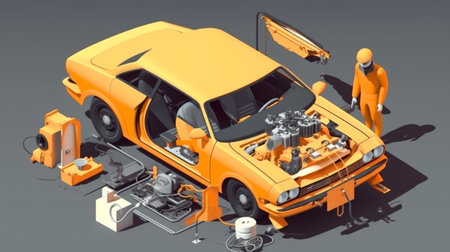 Vector sector showing a car mechanic doing engine maintenance. , Generative AIの素材