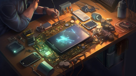 The vector sector shows equipment and hand tools used for electrical and electronic technology, including futuristic images. , Generative AIの素材