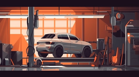 This vector illustration shows a car waiting for scheduled maintenance. on the car lift Generative AIの素材