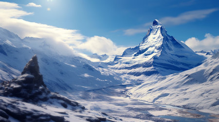 Wide angle ai-generated image showing Switzerland's famous Matterhorn. Covered with snow all year round, there is a ski area.の素材