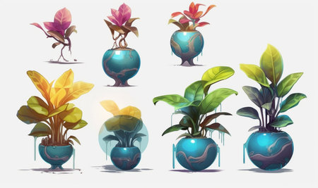 This ai-generated vector graphics shows the leaves of an air-purifying tree or the leaves of the Indian rubber tree. Planted in colorful pots as colorful graphics. not true naturalの素材