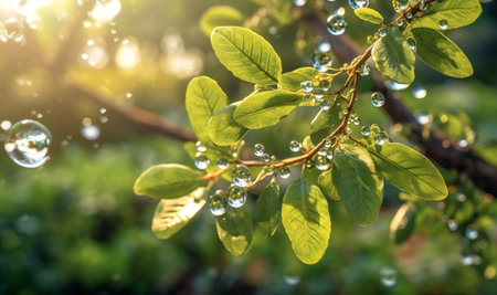 The ai-generated image shows the branches and leaves of an air-purifying tree with morning light and a bokeh background.の素材