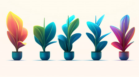 This ai-generated graphic shows an air-purifying plant, Indian rubber tree, in a pot. The picture shown has a variety of colors. not natural colorsの素材
