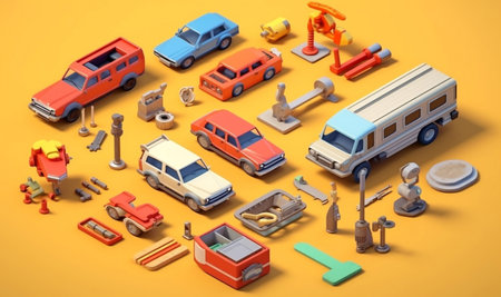 The isometric view section shows a car maintenance shop with the tools required to work in this industry. This image was created with ai.の素材