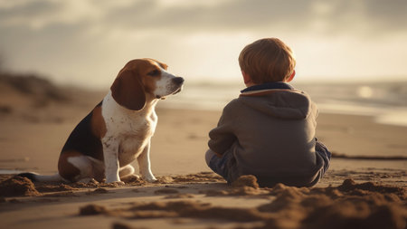 The ai-generated image shows a beagle and a boy sitting by the sea. beagle dog and boy There is a relationship between owner and pet.の素材