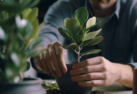 This ai-generated image shows a person pursuing his beloved hobby of planting potted air-purifying plants.の素材
