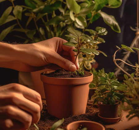 This AI-generated image shows a man as a hobby planting air-purifying plants in pots he has prepared.の素材