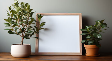 Blank picture frame with green plant in pot on wooden table.の素材