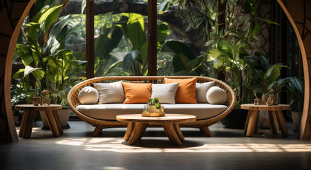 Sofa with orange cushions and coffee table in the gardenの素材