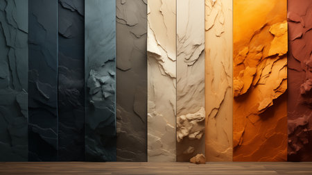 3d render of colorful marble wall background with wooden floor and copy spaceの素材