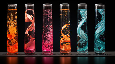 Laboratory test tubes with colorful liquids on black background 3D renderingの素材