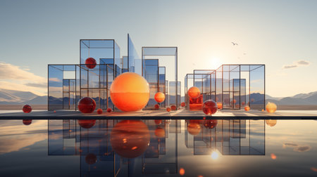 3d render of modern city with glass skyscrapers and reflection in waterの素材