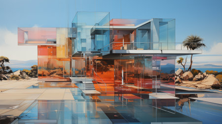 3d rendering of modern house in the desert with mountains and sunsetの素材
