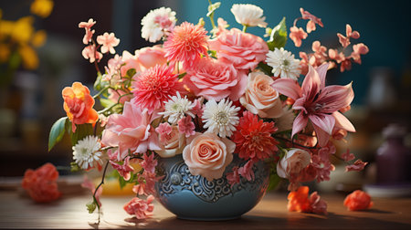 Bouquet of flowers in a vase on a wooden tableの素材