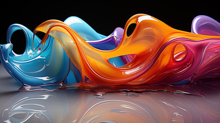 Colorful Wave Texture with Bubbles and Flowing Motion Design , 3d rendering of colorful liquid flow in water with reflection on black backgroundの素材