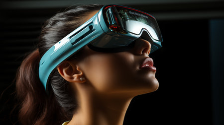 Beautiful young woman wearing virtual reality goggles. Future technology concept.の素材