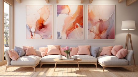 Interior of modern living room with pink sofa, coffee table and paintings on the wall. 3d renderingの素材