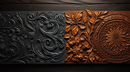 3d render of wood background with floral ornament. Wood texture.の素材