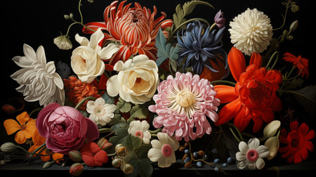 Flower bouquet with chrysanthemums on the black background,A beautiful arrangement of flowers in a vase, featuring roses, bloomsの素材