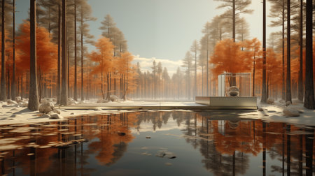 3d illustration of a lake in a winter forest with a fountainの素材
