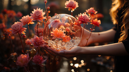 Woman's hand holding crystal ball with pink dahlia flowers.の素材